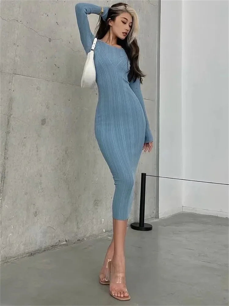 Autumn Slim Long Dress Female Knitwear Slim High Waist Patchwork Long Sleeve Party Dress Knit Dress