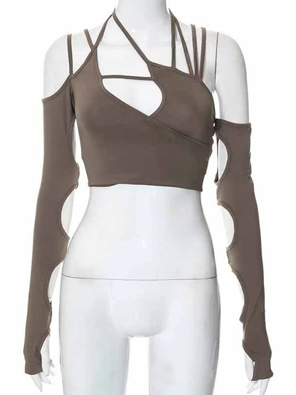 Punk Halter Tops Gothic Egirl Patchwork Long Sleeve Crop Top Cut Out T-shirts