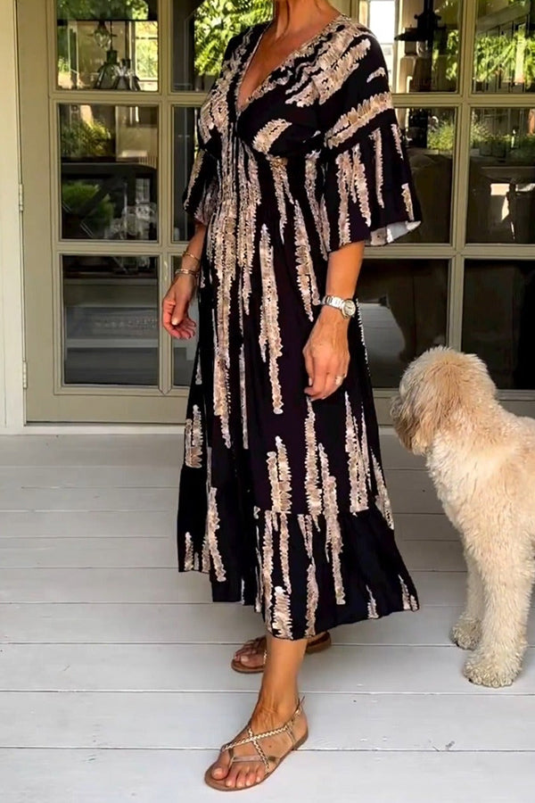 Retro 3\/4 Sleeve Print Midi Dress