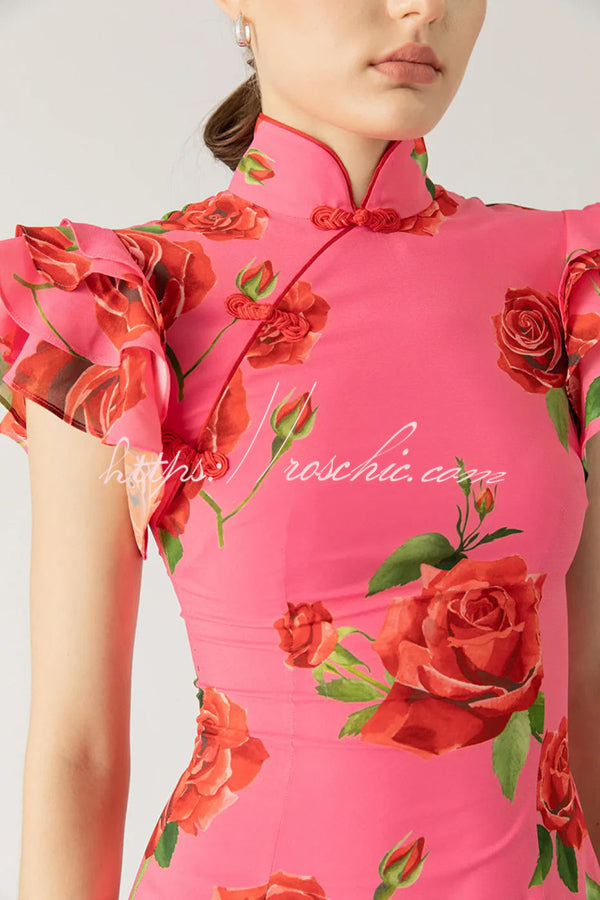 Cheongsam Style Rose Print Tiered Flare Sleeve Stretch Maxi Dress