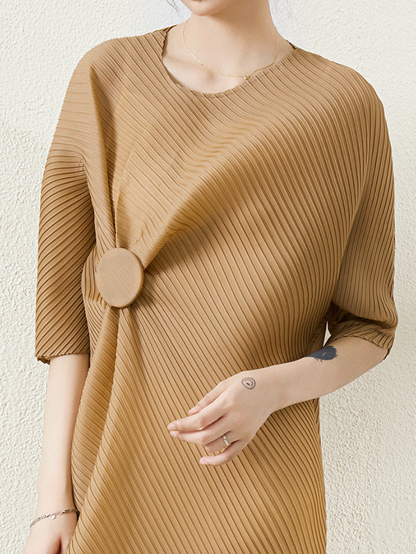 Stylish Irregularity Loose Pleated Color Round-neck Midi Dresses