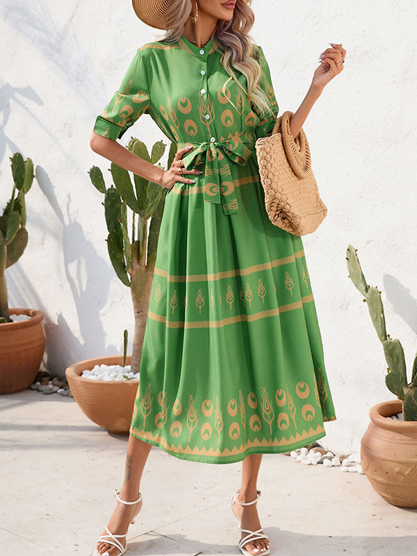 A-line Half Sleeves Buttoned Tied Waist Lapel Midi Dresses