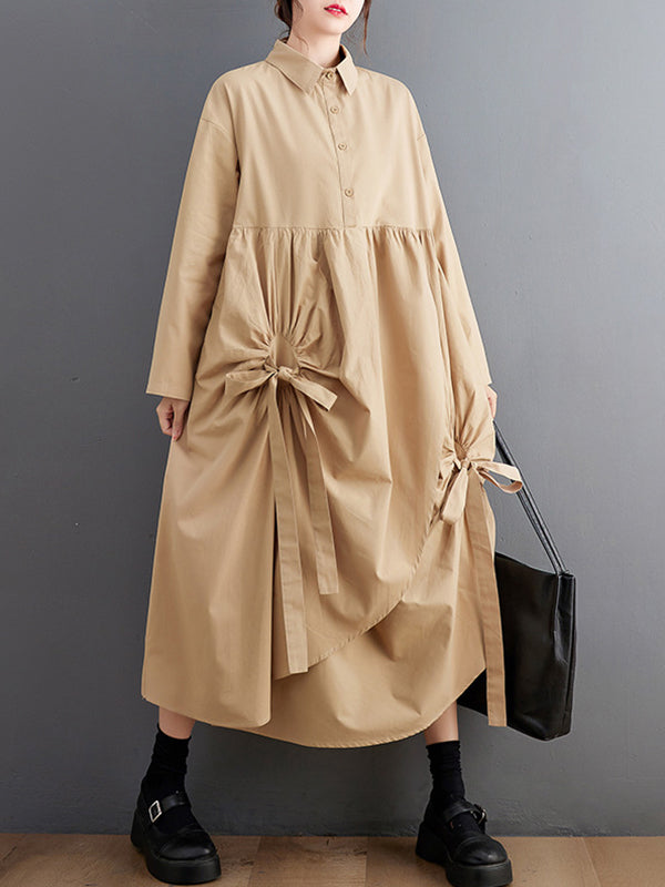 A-line Long Sleeves Buttoned Pleated Pockets Color Tied Lapel Midi Dresses Shirt Dress