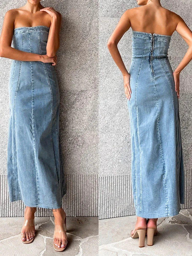 Side Slit Denim Bodycon Dress for Slim Sleeveless Maxi Dresses ’s Street Woman Autumn New
