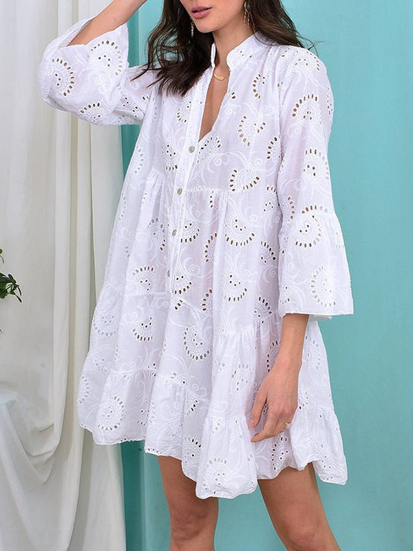 A-line Flared Sleeves Buttoned Hollow Color Split-joint V-neck Mini Dresses