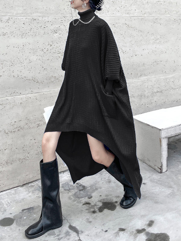 Batwing Sleeves High-low Pockets Color High-neck Midi Dresses Sweater Dresses