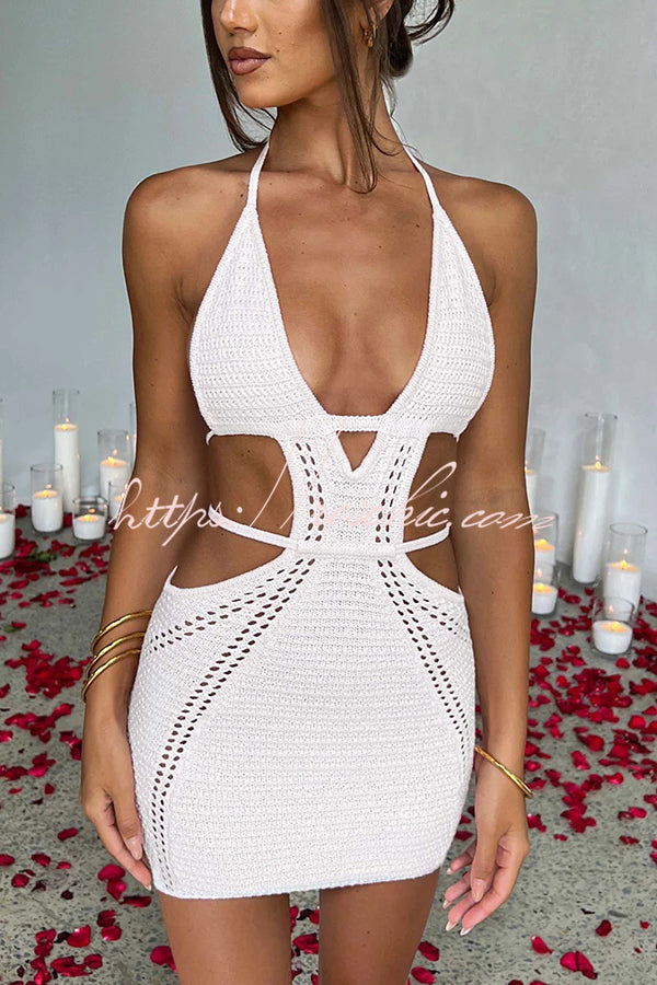 Effortlessly Cool and Knit Crochet Cutout Halter Tie-up Stretch Mini Dress