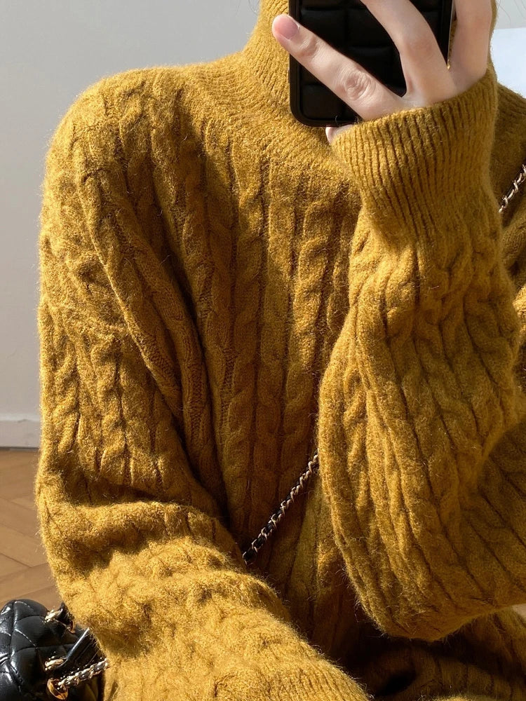 Knitted Long Dress Loose Long Sleeve Turtleneck Pullover Femme Retro Warm Sweater Knitwear Cover Up