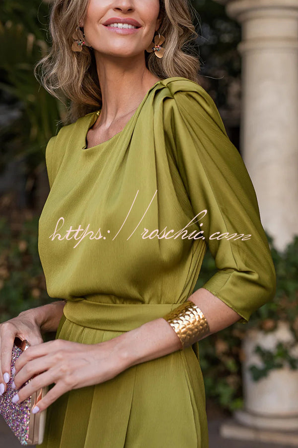 Satin Color Round Neck Half Sleeve Waist Midi Dress