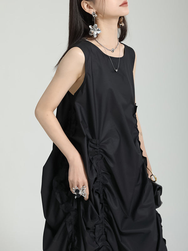 Loose Sleeveless Asymmetric Elasticity Pleated Color Round-neck Midi Dresses