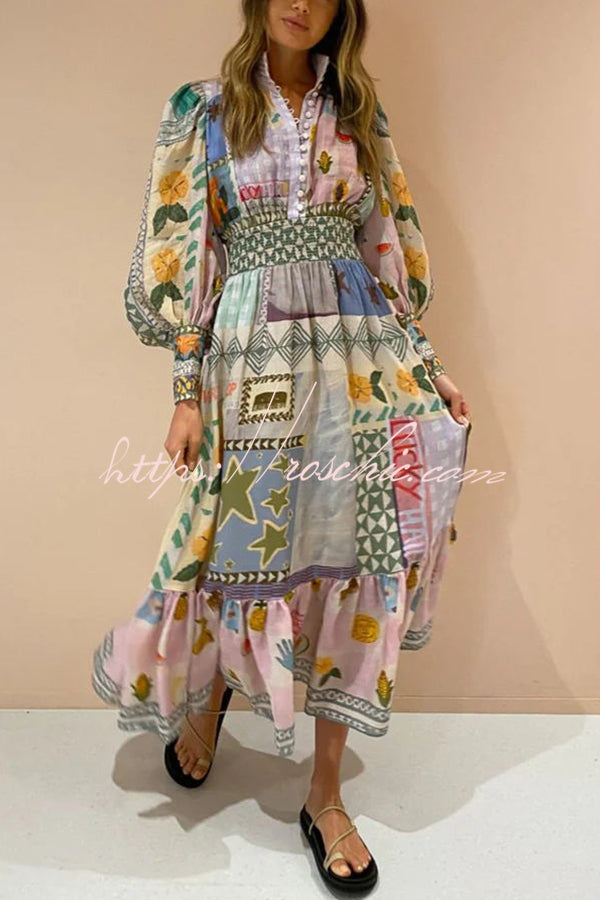 Playfully Unique Print Balloon Sleeve Smocked Waist Shirt Midi Dress