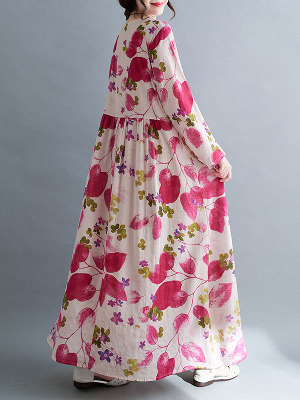 Long Sleeves Loose Flower Print Split-joint Round-neck Midi Dresses