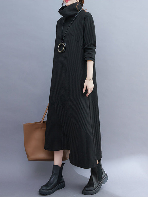 Irregularity Long Sleeves Color High-neck Midi Dresses
