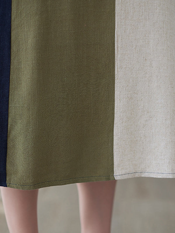 Half Sleeves Loose Contrast Color Round-neck Midi Dresses
