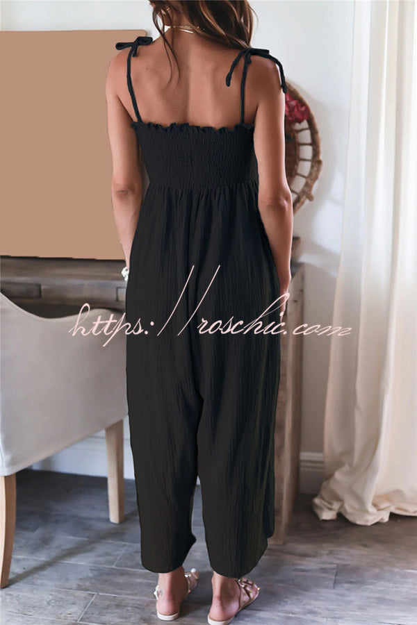 Color High Waist Linen Blend Suspender Pleated Jumpsuit
