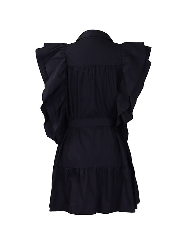 A-line High Waisted Buttoned Pleated Ruffled Color Tied Waist Lapel Mini Dresses