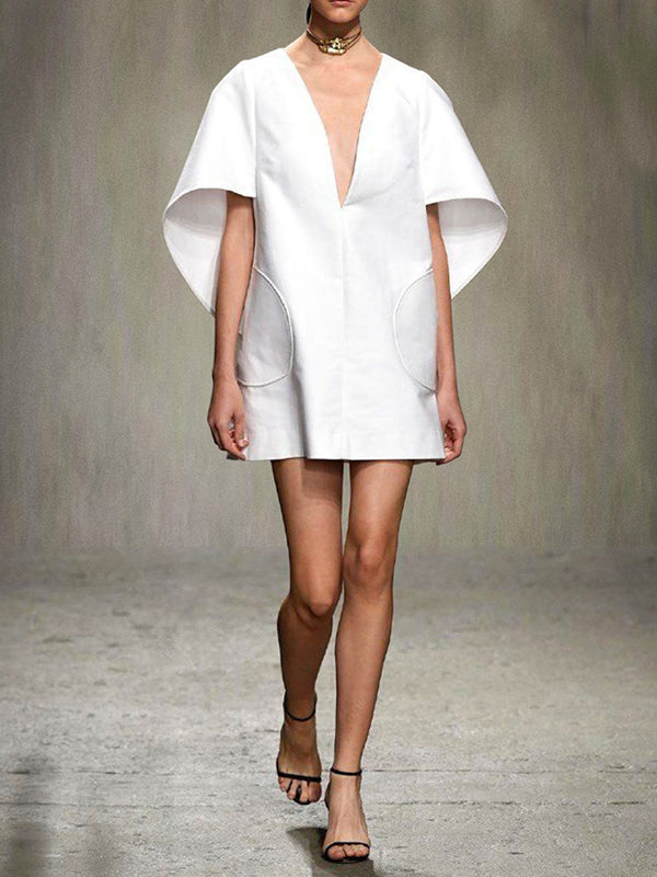 Half Sleeves Loose Color Deep V-neck Mini Dresses