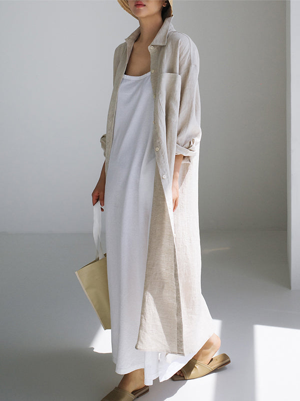 Simple Long Sleeves Split-side Color Lapel Midi Dresses Shirt Dress