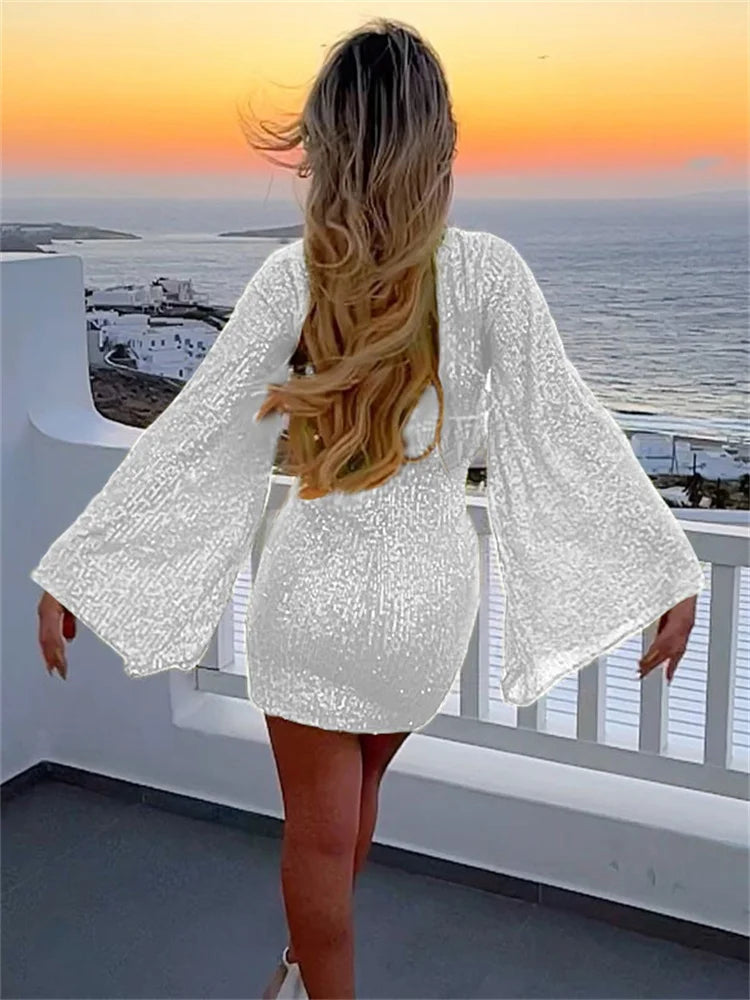 Sequin Autumn Mini Dress Female Glitter See-through Long Sleeve Club Party Dress Sparkle Dress