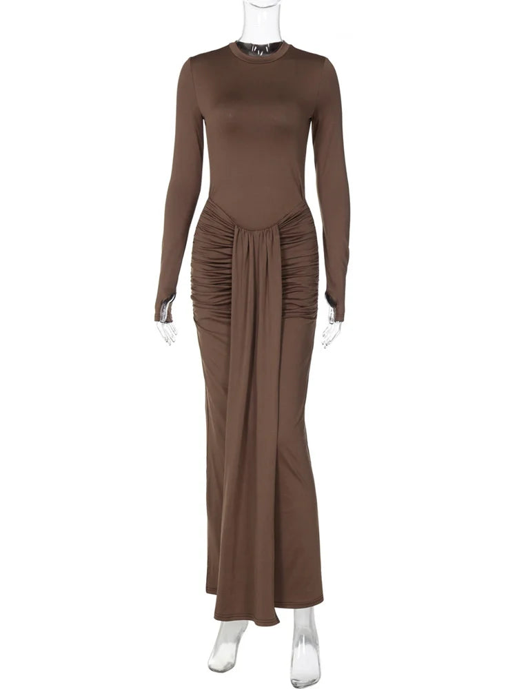 Pleated Tassel Slim Maxi Dress for Patchwork Lace-up Bandage Autumn Dress Female Party Dress