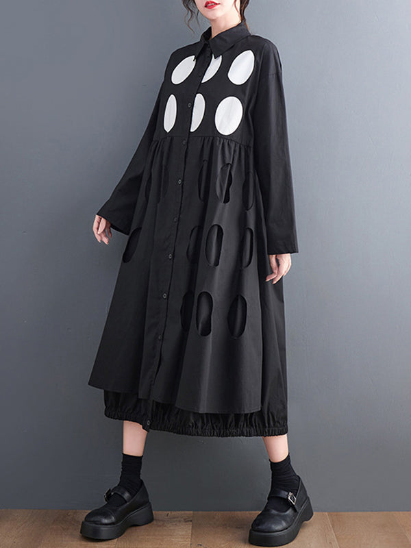 Stylish Long Sleeves A-line Polka Dot Polo Shirt Midi Dresses