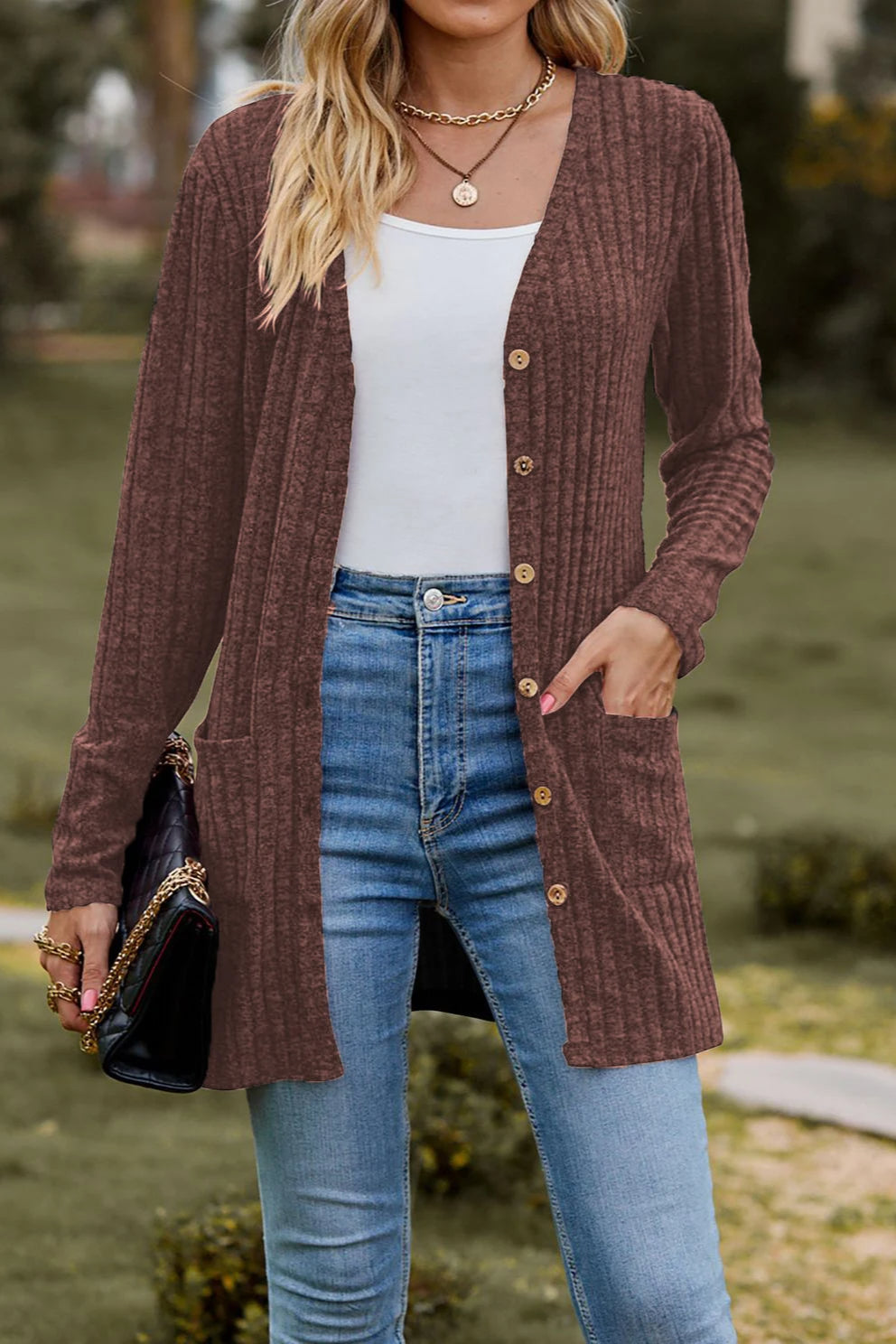 Brushed Ribbed Long Sleeve Cardigan