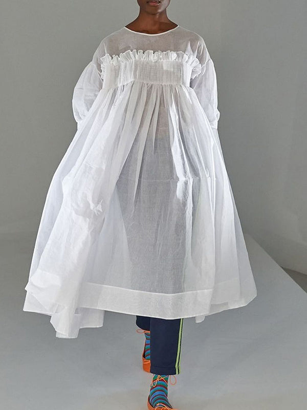 A-line Long Sleeves Mesh Pleated See-through Color Split-joint Round-neck Midi Dresses