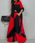V-neck Patchwork Printed Top and Pants Commuting Suit