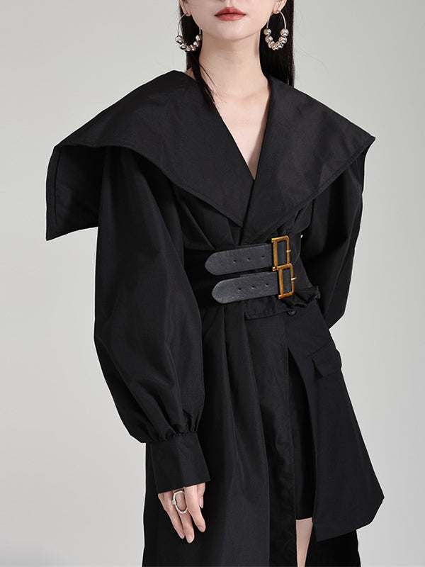 High Waisted Long Sleeves Asymmetric Belted Pleated Color Lapel Midi Dresses