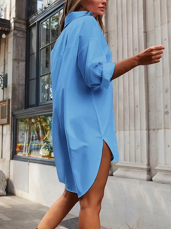 High-low Long Sleeves Color Split-side Lapel Mini Dresses Shirt Dress