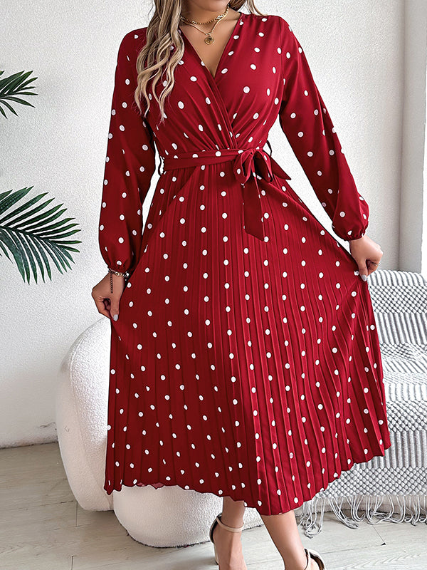 A-line High Waisted Elasticity Pleated Polka-dot Split-joint Tied Waist V-neck Midi Dresses Shirt Dress