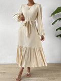 A-line Long Sleeves Elasticity Pleated Color Split-joint Tied Waist Round-neck Midi Dresses