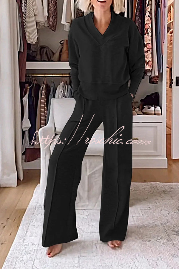 Weather Gets Cold Color V-neck Top and Elastic Waist Pocketed Lounge Pants Set