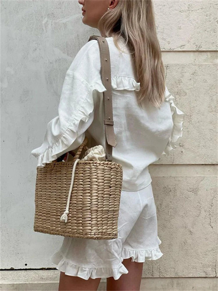Ruffled Outfits for High Waist Long Sleeve Shorts Two Piece Knee Length Baggy Female Nightwear Outfits