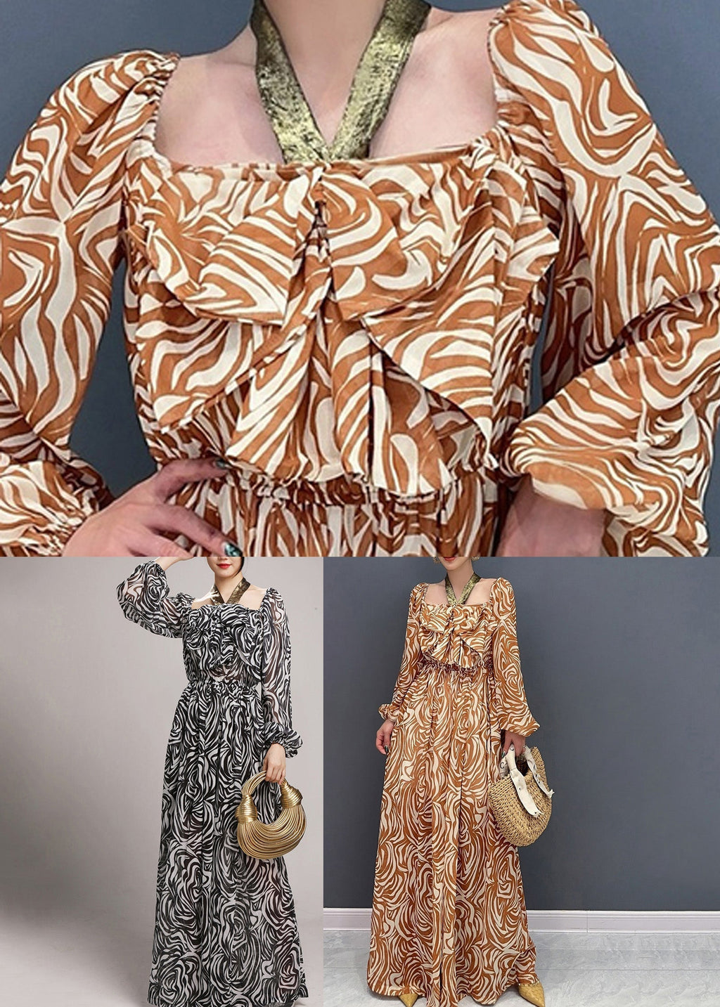 Novelty Coffee Print Wrinkled Chiffon Jumpsuit Long Sleeve Ao1045