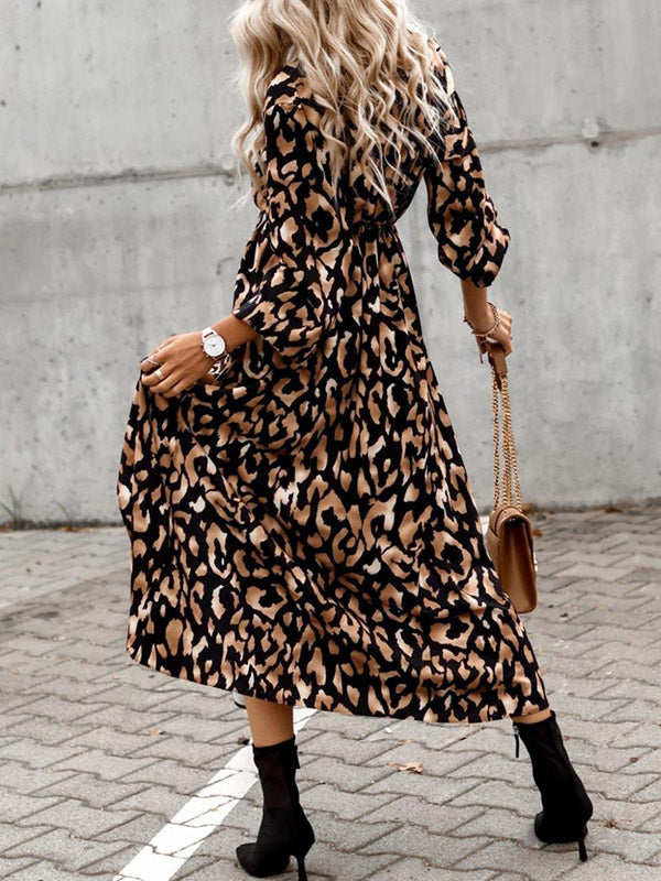 Vacation Loose Long Sleeves Split-side Leopard V-neck Midi Dresses