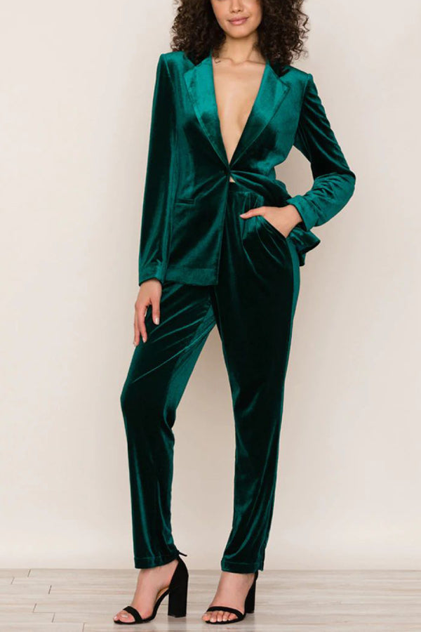 Color Velvet Long-sleeve Blazer and Elastic Waist Pocket Pants Set