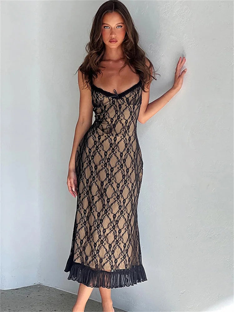 Printed Lace Backless Long Dress Female Spaghetti Ruffled Patchwork Slim See-through Party Dress Lace-up Maxi Dress