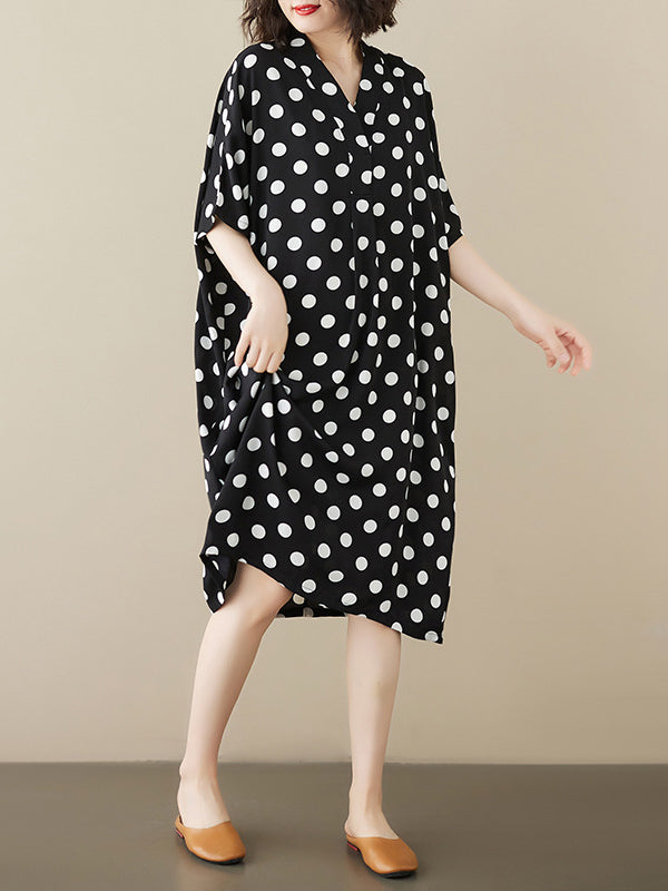 Loose Short Sleeves Polka-dot V-neck Midi Dresses