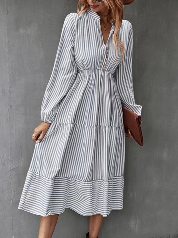 Loose Puff Sleeves Pleated Split-joint Striped V-neck Midi Dresses Shirt Dress