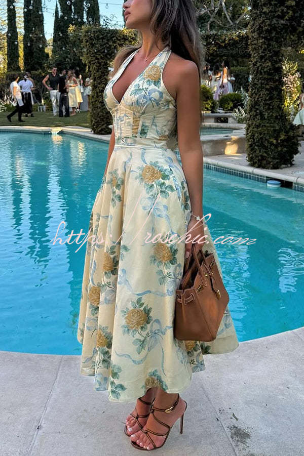 Resort Star Print Waist Halterneck Tie Pocket Midi Dress