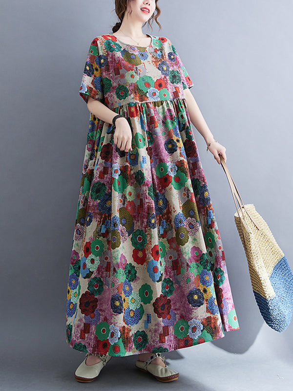 Loose Multi-colored Printed Midi Dress