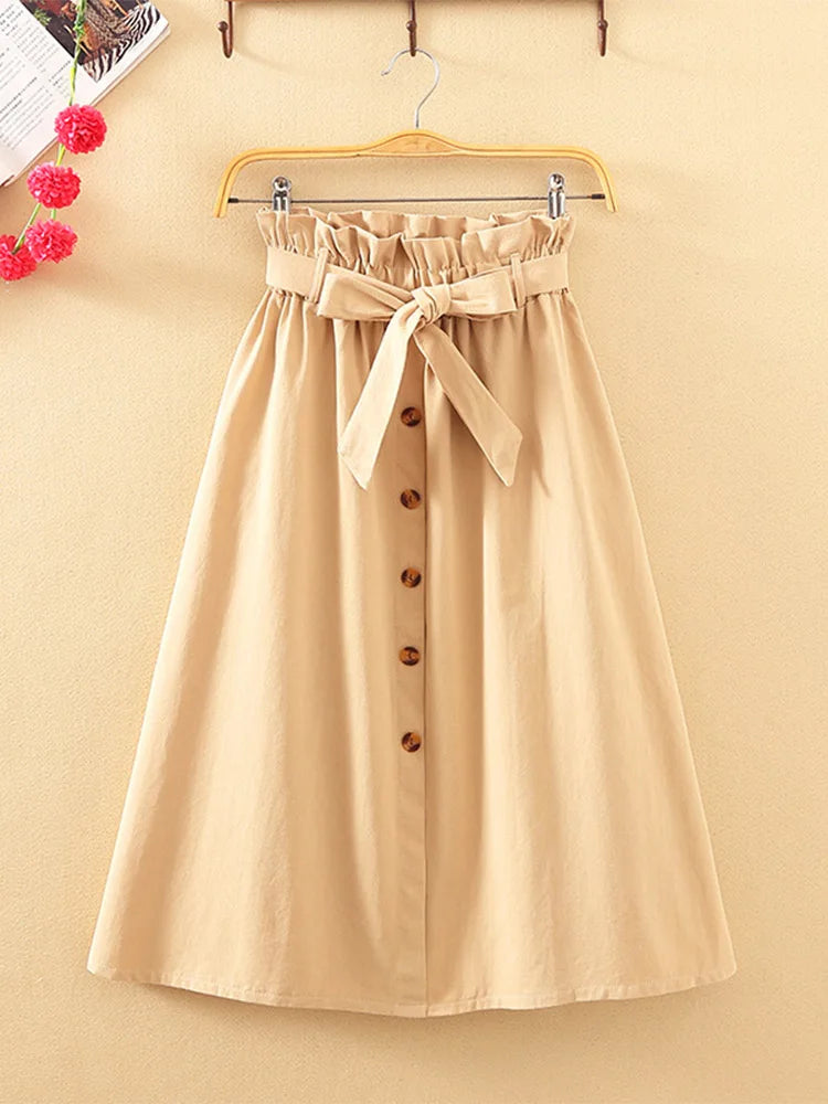 Summer Autumn Skirts Midi Knee Length Korean Button High Waist Skirt Female Pleated School Skirt