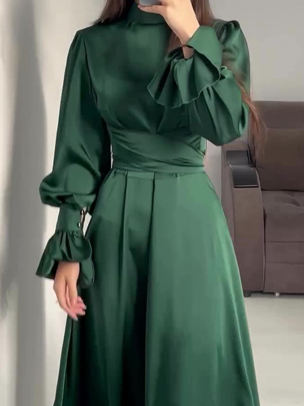 A-line Long Sleeves Pleated Color Tied Waist Zipper Mock Neck Maxi Dresses