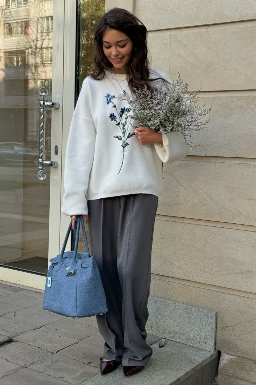 Embroidered Long Sleeve Knit Sweater