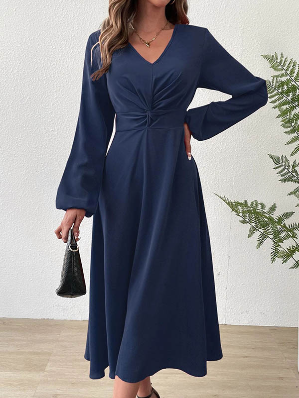 A-line High Waisted Pleated Color Zipper V-neck Midi Dresses