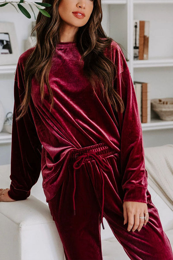 Red Velvet Round Neck Top & Drawstring Pants Longe Set