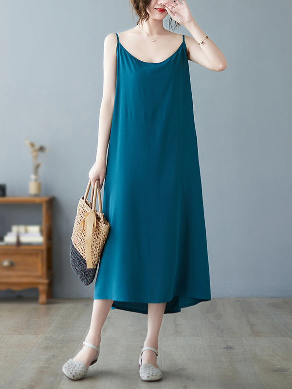 Loose Sleeveless Color Spaghetti-neck Midi Dresses