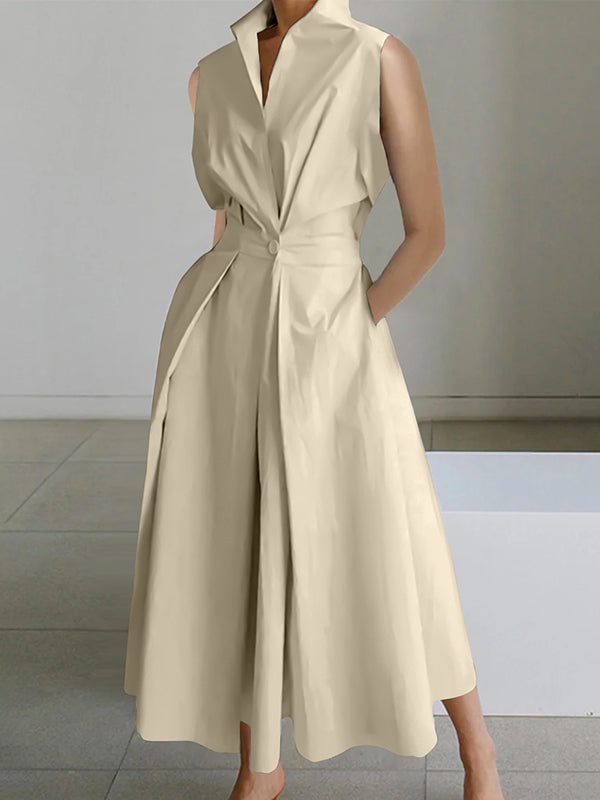 Sleeveless Color Lapel Midi Dresses