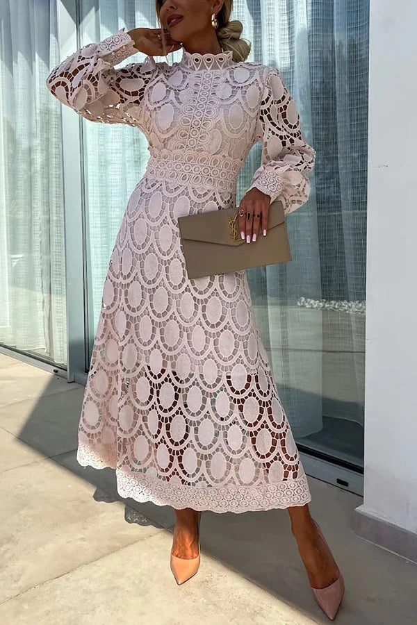 Romantic, Sensual and Crochet Lace Lantern Sleeve Party Midi Dress